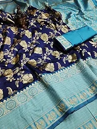 Women's Kanjeevaram Silk Sari Pure Zari Vintage Handwoven Fabric Traditional Women's Wedding Piece Bollywood Designer (FIROZI NAVYBLUE-4)-thumb1