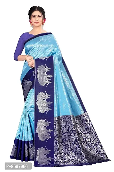 Kanjeevaram Soft Silk Printed Saree | Indian Ethnic Wear | Traditional Women's Wedding Piece Bollywood Designer Aqua Blue