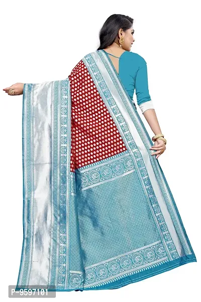 Women's Kanjeevaram Dot Printed Silk Saree Pure Zari Traditional Women's Wedding Piece Bollywood Designer (RED AQUABLUE-MODEL1)-thumb4