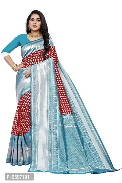 Women's Kanjeevaram Dot Printed Silk Saree Pure Zari Traditional Women's Wedding Piece Bollywood Designer (RED AQUABLUE-MODEL1)-thumb0