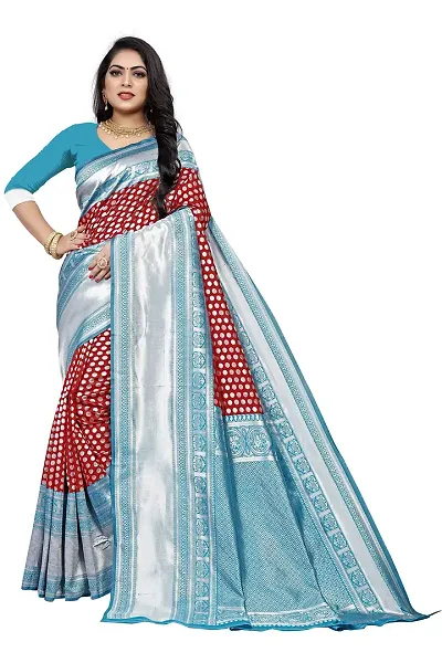 Women's Kanjeevaram Dot Silk Saree Pure Zari Traditional Women's Wedding Piece Bollywood Designer (RED AQUABLUE-MODEL1)