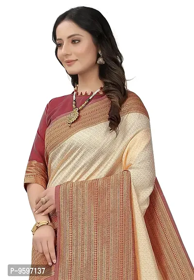 Smooth Kanjeevaram Pure Silk Zari Saree Traditional Women's Wedding Piece Bollywood Designer (CREAM MAROON-1)-thumb2