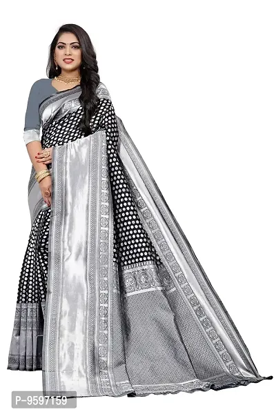 Women's Kanjeevaram Dot Printed Silk Saree Pure Zari Traditional Women's Wedding Piece Bollywood Designer (BLACK)-thumb0