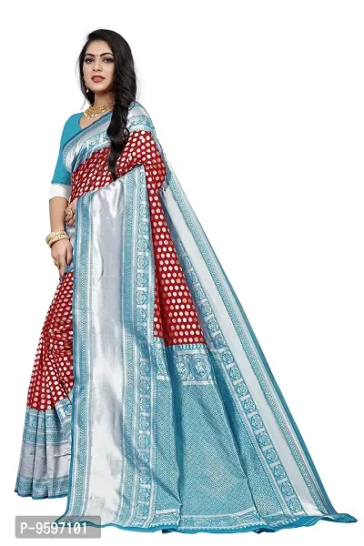 Women's Kanjeevaram Dot Printed Silk Saree Pure Zari Traditional Women's Wedding Piece Bollywood Designer (RED AQUABLUE-MODEL1)-thumb3