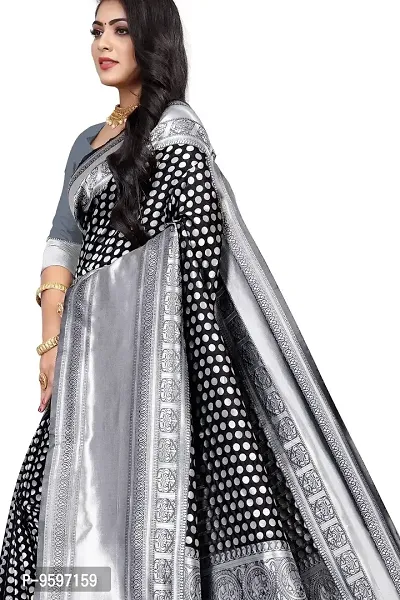 Women's Kanjeevaram Dot Printed Silk Saree Pure Zari Traditional Women's Wedding Piece Bollywood Designer (BLACK)-thumb5