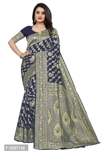 Banarasi Silk Saree | Indian Ethnic Wear | Traditional Women's Wedding Piece Bollywood Designer (Navy blue)-thumb0