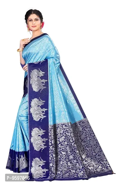 Kanjeevaram Soft Silk Printed Saree | Indian Ethnic Wear | Traditional Women's Wedding Piece Bollywood Designer Aqua Blue-thumb3