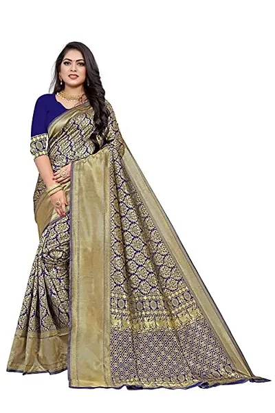 Kanchipuram Studio Wedding Banarasi Silk Saree | Indian Ethnic Wear | Traditional Women's Wedding Wear Sari (NAVYBLUE)