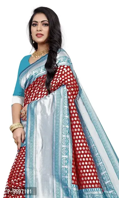 Women's Kanjeevaram Dot Printed Silk Saree Pure Zari Traditional Women's Wedding Piece Bollywood Designer (RED AQUABLUE-MODEL1)-thumb2