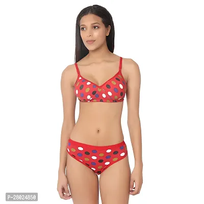 Stylish Red Cotton Blend Printed Bra  Panty Set  For Women