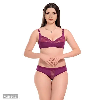 Stylish Purple Cotton Blend Solid Bra  Panty Set  For Women