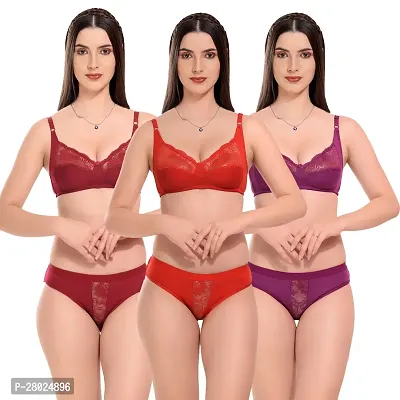 Stylish M Cotton Blend Solid Bra  Panty Set  For Women Pack Of 3-thumb0