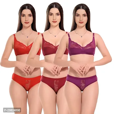 Stylish M Cotton Blend Solid Bra  Panty Set  For Women Pack Of 3