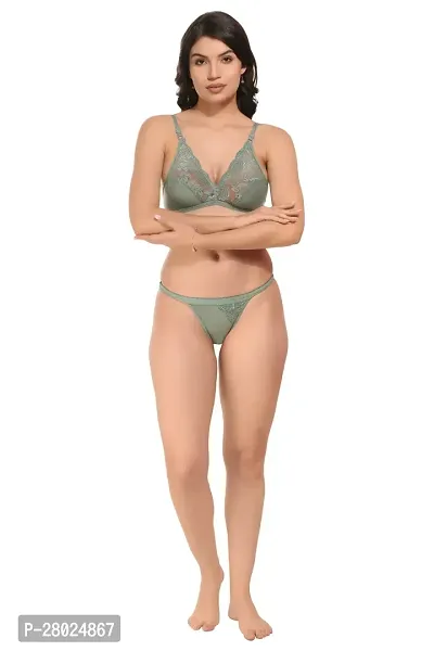 Stylish Light Green Cotton Blend Solid Bra  Panty Set  For Women-thumb5