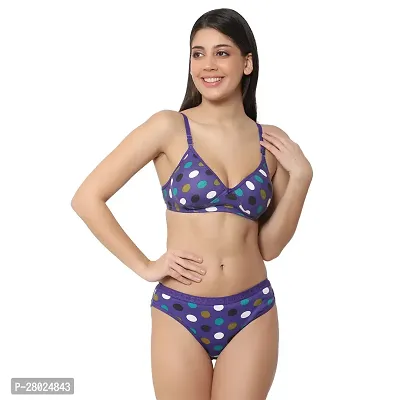 Stylish Blue Cotton Blend Printed Bra  Panty Set  For Women