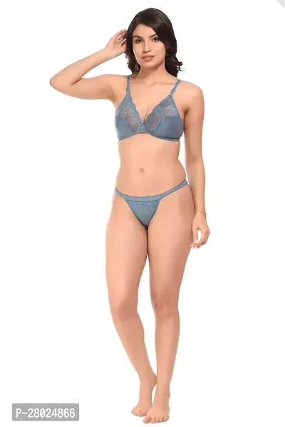 Stylish Light Blue Cotton Blend Solid Bra  Panty Set  For Women-thumb5