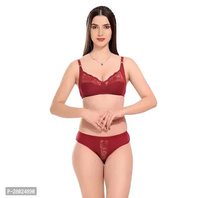 Stylish Maroon Cotton Blend Solid Bra  Panty Set  For Women