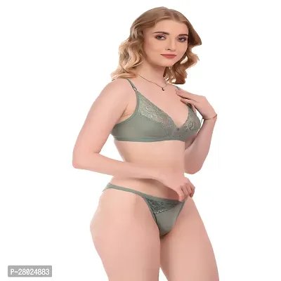 Stylish Light Green Cotton Blend Solid Bra  Panty Set  For Women-thumb2