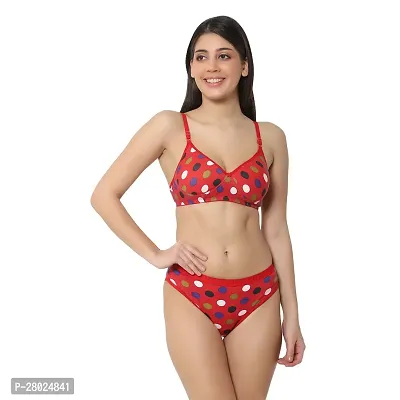 Stylish Red Cotton Blend Printed Bra  Panty Set  For Women