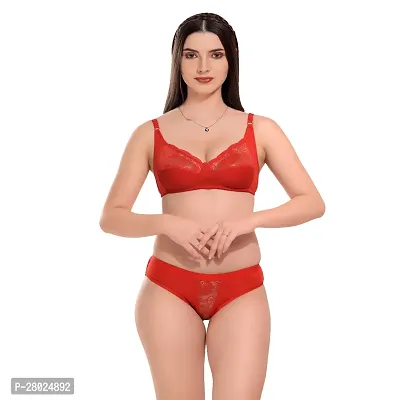 Stylish Red Cotton Blend Solid Bra  Panty Set  For Women