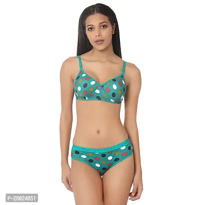 Stylish Green Cotton Blend Printed Bra  Panty Set  For Women