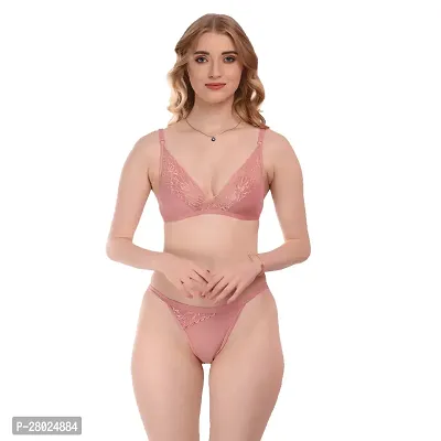 Stylish Pink Cotton Blend Solid Bra  Panty Set  For Women