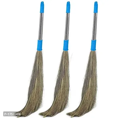 Strong Grass Broom Stick For Cleaning Floor-Blue-Steel-3-Pack