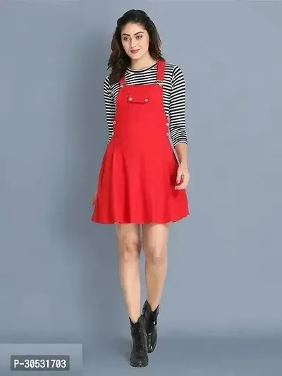 Trendy Red Cotton Above Knee Dungaree Dress with Top For Women-thumb0