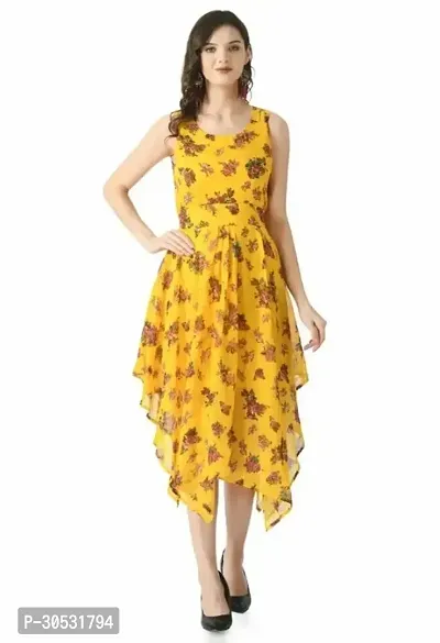 Trendy Yellow Georgette Calf Length Floral Printed Flared Dress for Women-thumb0