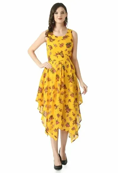 Trendy Georgette Calf Length Floral Flared Dress for Women