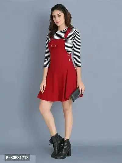 Trendy Maroon Cotton Above Knee Dungaree Dress with Top For Women-thumb0