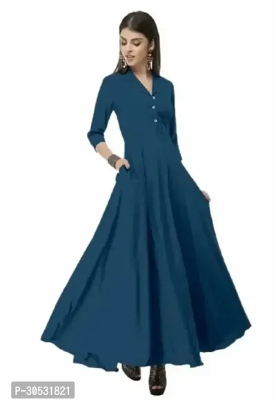 Trendy Blue Crepe Solid Maxi Dress For Women-thumb0