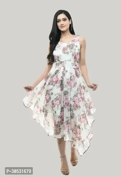 Glamorous Multicoloured Georgette Calf Length Floral Printed Flared Dress For Women-thumb0