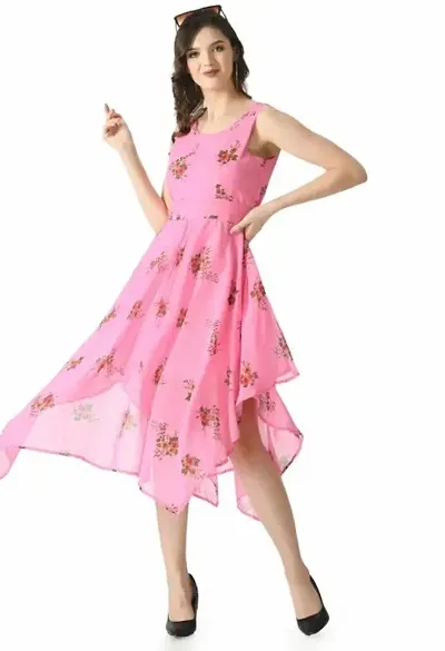 Trendy Georgette Calf Length Floral Flared Dress for Women