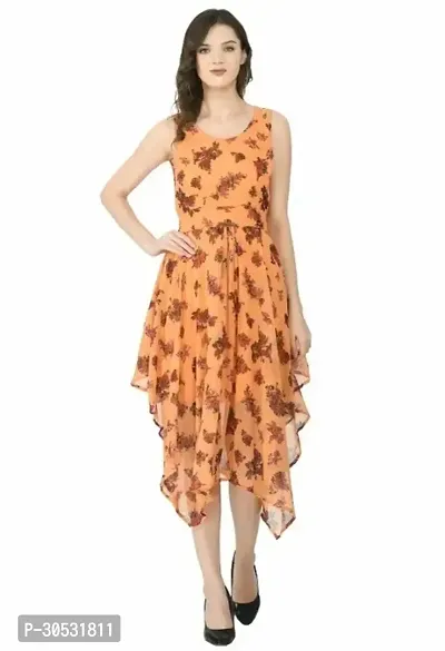 Trendy Orange Georgette Calf Length Floral Printed Flared Dress for Women