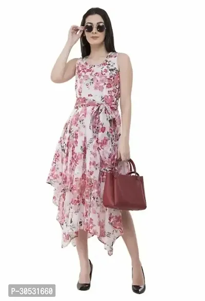 Glamorous Multicoloured Georgette Calf Length Floral Printed Flared Dress For Women