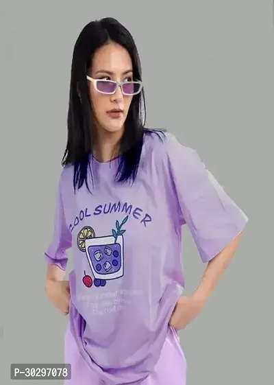 Trendy Purple Cotton Blend Printed Oversized T-Shirt for Women