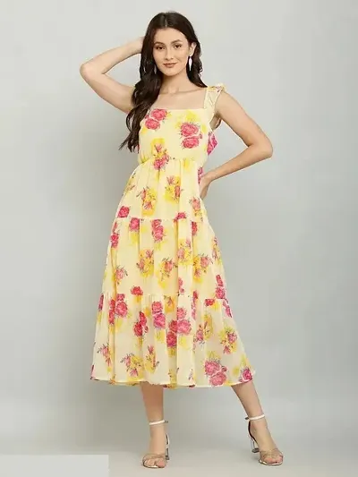 Glamorous Georgette Calf Length Floral Flared Dress For Women