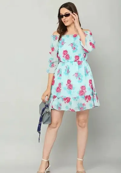 Trendy Dress Georgette Above Knee Length Floral Flared Dress for Women