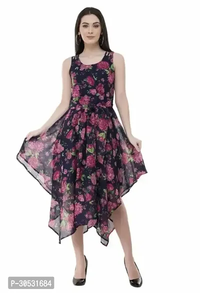 Glamorous Multicoloured Georgette Calf Length Floral Printed Flared Dress For Women-thumb0