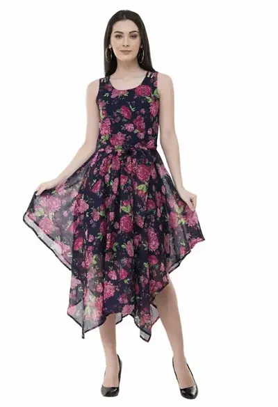 Glamorous Georgette Calf Length Floral Flared Dress For Women