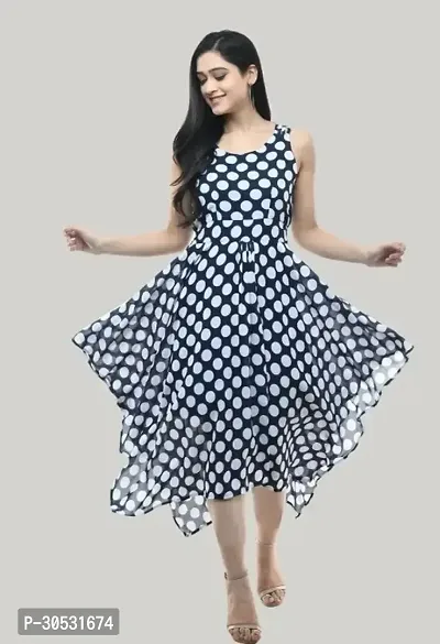 Glamorous Multicoloured Georgette Calf Length Polka Dot Printed Flared Dress For Women-thumb0