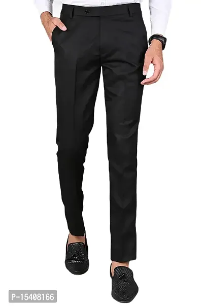 Black Polyester Blend Mid Rise Formal Trousers For Men-thumb0