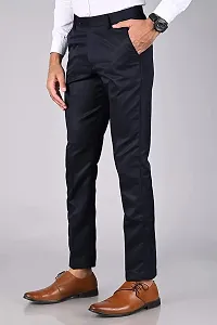 Navy Blue Polyester Blend Mid Rise Formal Trousers For Men-thumb1