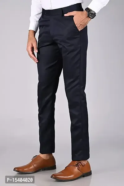 Navy Blue Polyester Blend Mid Rise Formal Trousers For Men-thumb2