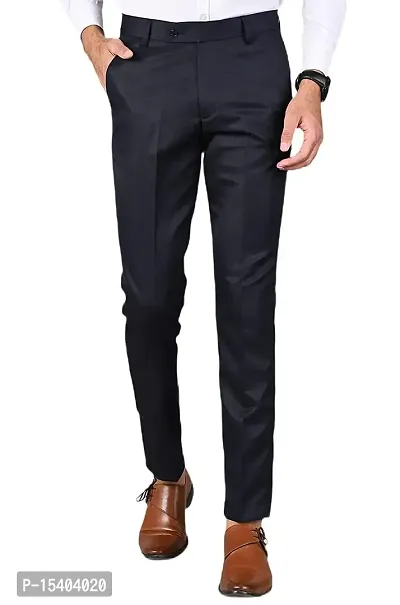 Navy Blue Polyester Blend Mid Rise Formal Trousers For Men