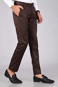 Brown Polyester Blend Mid Rise Formal Trousers For Men-thumb2