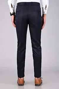 Navy Blue Polyester Blend Mid Rise Formal Trousers For Men-thumb2