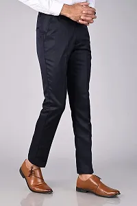 Navy Blue Polyester Blend Mid Rise Formal Trousers For Men-thumb3