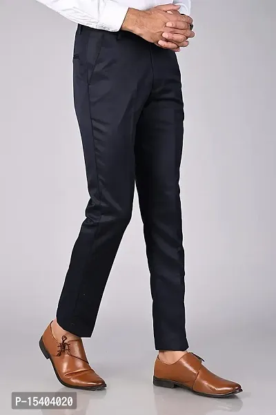 Navy Blue Polyester Blend Mid Rise Formal Trousers For Men-thumb4